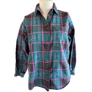 Rachel Brooke plaid button up teal fuschia M 200% cotton vintage collared wester